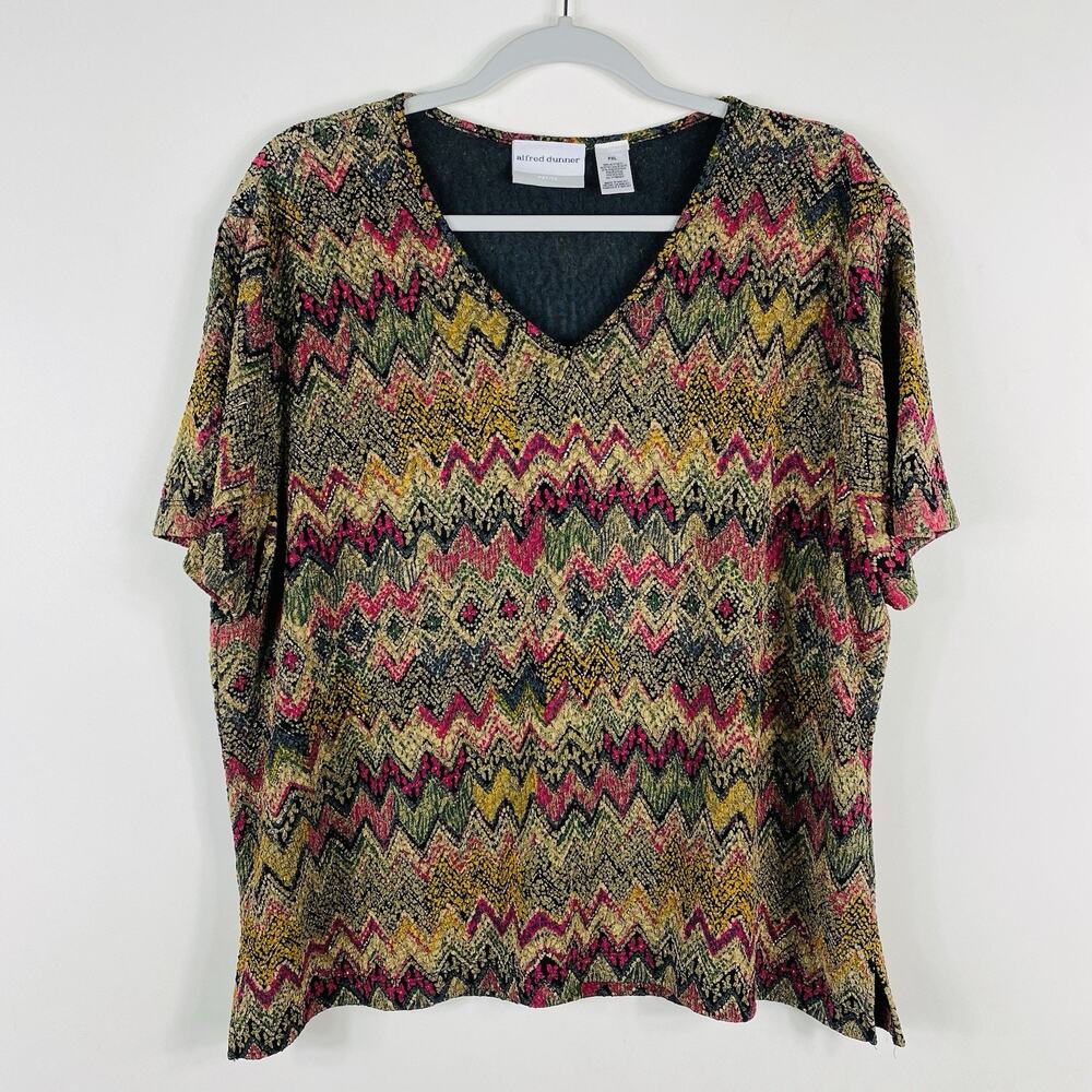 Alfred Dunner Top XL Petite Textured Printed V-Neck Short Sleeve Stretch Acetate